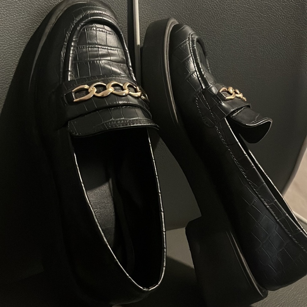 Black Loafers with Gold Chain Detail